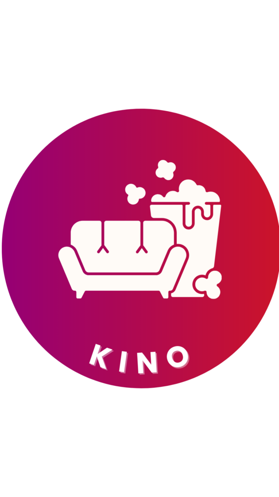 Ein rundes Icon mit einem Farbverlauf von Rot zu Violett und der Beschriftung 'Kino' am unteren Rand. In der Mitte des Icons befinden sich Symbole eines Sofas und einer großen Popcorn-Tüte.