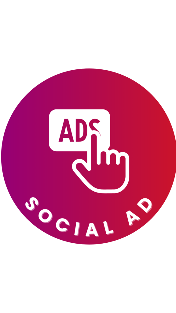 Ein rundes Icon mit einem Farbverlauf von Rot zu Violett und der Beschriftung 'Social Ad' am unteren Rand. In der Mitte des Icons befindet sich ein Symbol einer Hand, die auf ein Rechteck mit der Aufschrift 'Ads' zeigt.