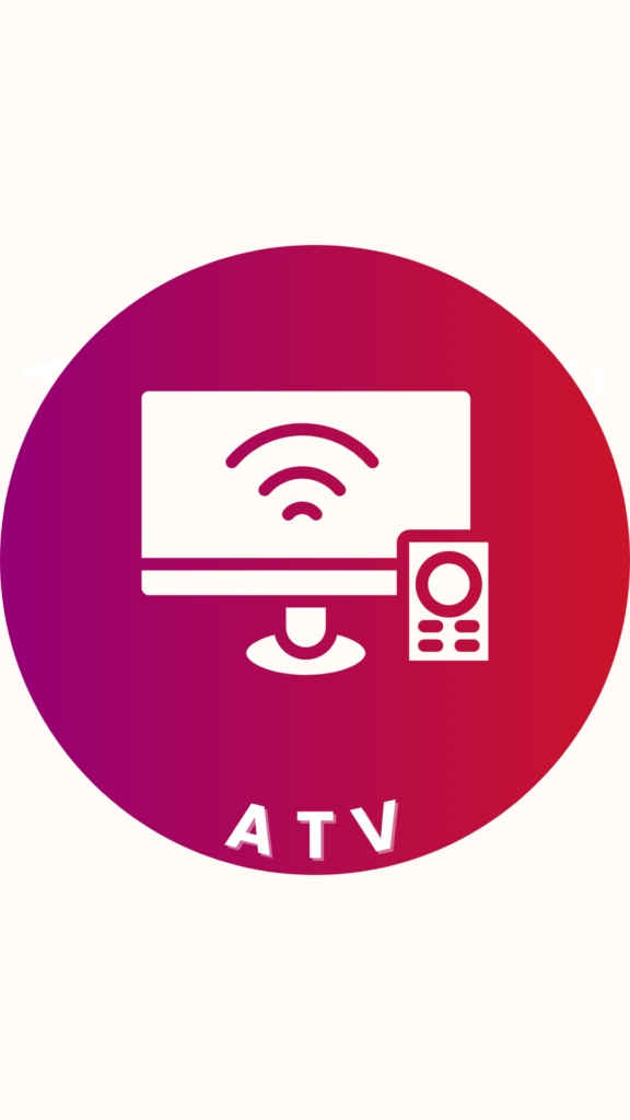 Roter Kreis in dessen Mitte ein Fernseher auf dem ein Wifi Zeichen ist und Fernbedienung gezeigt wird. Darunter steht ATV.